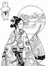 Samurai Sacura Geisha Colouring Pirograbado Personnages Dover sketch template