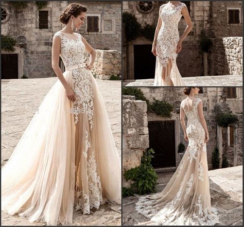 China Champagne Bridal Dresses Lace Mermaid 2 In 1 Wedding Gowns