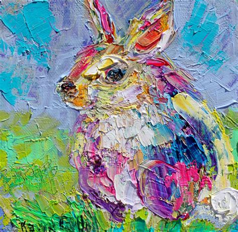 rabbit painting bunny art original oil palette knife impressionism