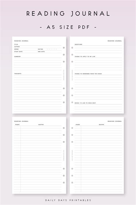 printable reading journal insert  book review template  book