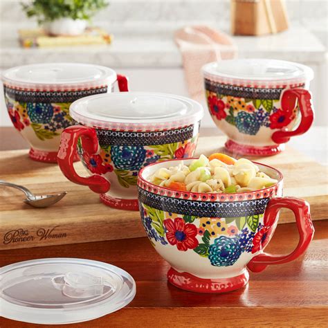 The Pioneer Woman Dahlia Jumbo Cup With Vented Lid 27oz Set Of 4 Soup