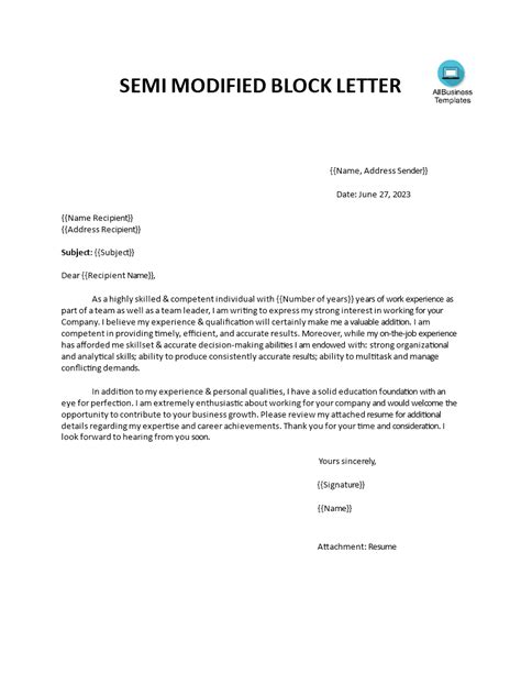 semi block letter format templates  allbusinesstemplatescom