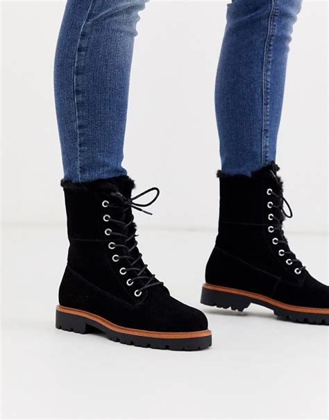 asos design atlantis suede fur lace up boots in black asos womens