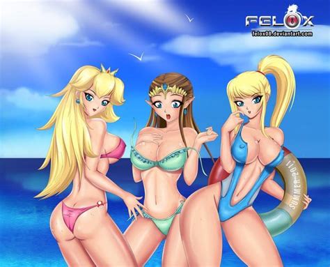 rule 34 beach bikini crossover metroid princess peach princess zelda samus aran super mario