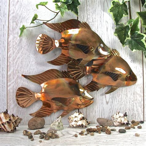 copper fish trio garden wall art sculpture  london garden trading