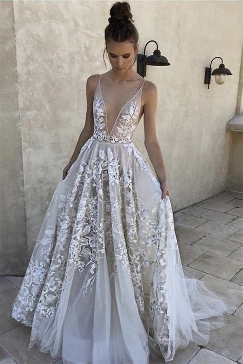 sexy a line v neck ivory tulle long prom dress with
