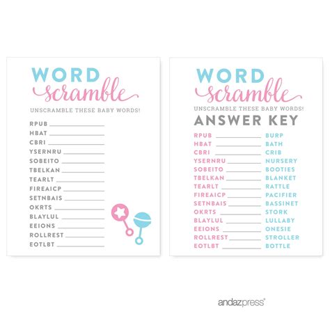 word scramble team pinkblue gender reveal baby shower games  pack
