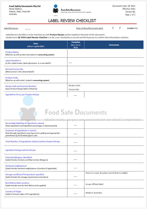 label review checklist food safe documents