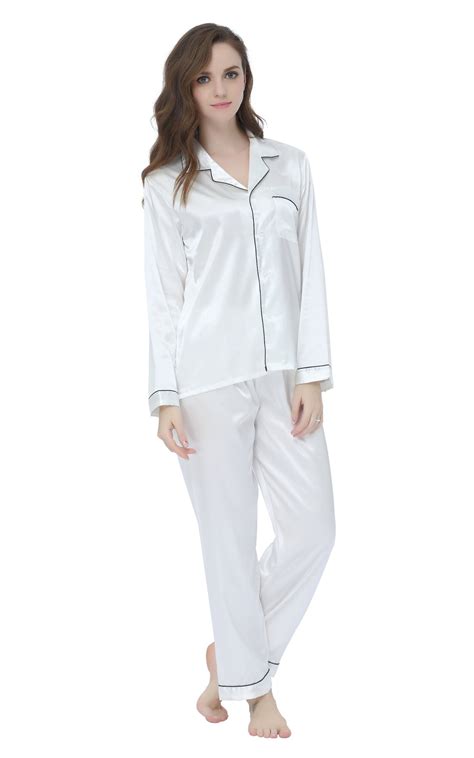 women s silk satin pajama set long sleeve white with black piping