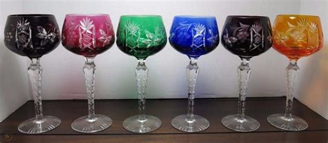 6 Lausitzer Crystal German Cut To Clear Glass Multi Color Wine Glasses