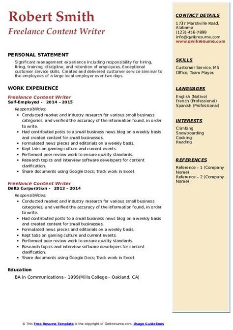 freelance content writer resume samples qwikresume