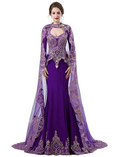womens gold lace mermaid long sleeve prom gown satin wedding dress  tulle cloak purple usw