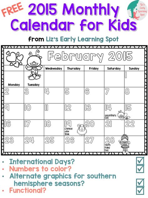 monthly calendar  kids lizs early learning spot