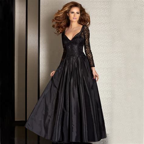 black evening dresses 2017 sexy v neck lace long sleeve floor length