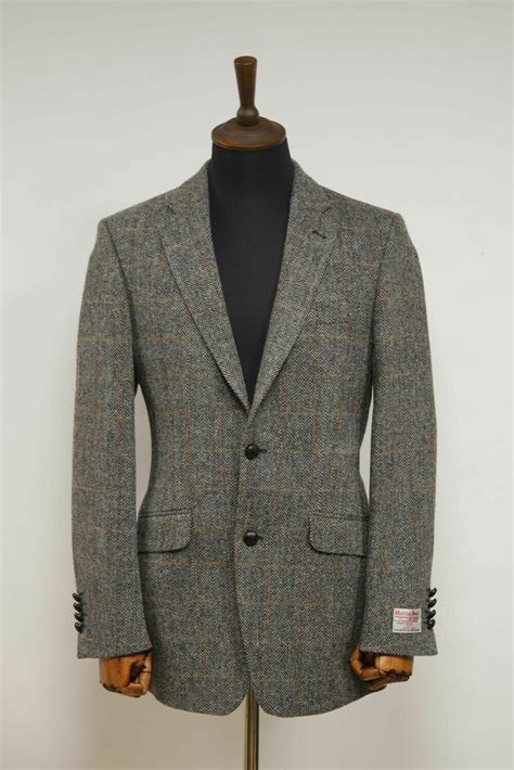 harris tweed mens jacket grey herringbone  overcheck  pocket