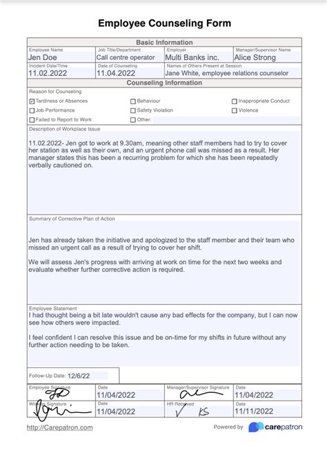 employee counseling form template