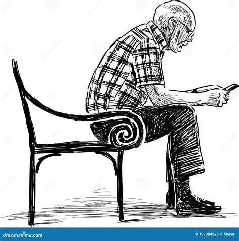 ein aelterer mann mit einem handy sitzt auf einer parkbank vektor abbildung illustration von