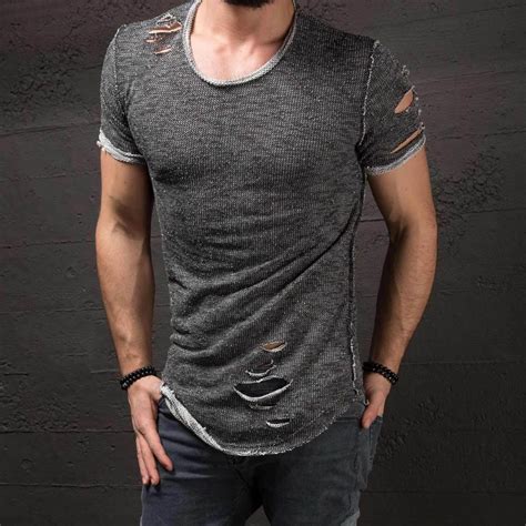 summer 2017 cotton men t shirts ripped men s slim fit muscle o neck tee