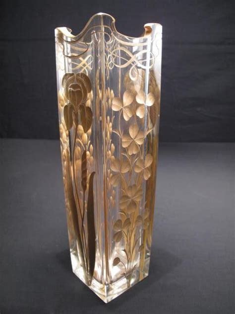Moser Engraved Art Nouveau Vase With Gilt Enamel Design Of Iris Flowers