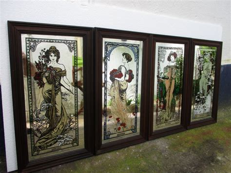 alphonse mucha rari quadri  specchio vintage incorniciati raffiguranti le allegorie delle