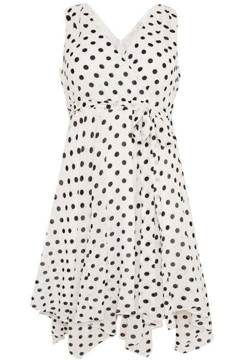 plus size yours london white polka dot wrap dress with hanky hem
