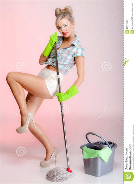 Girl Retro Style Woman Housewife Cleaner With Mop Stock