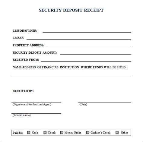 printable  security deposit receipt form