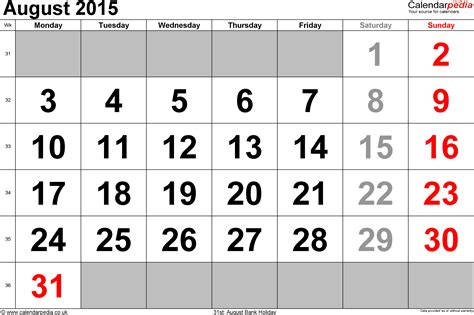 calendar august 2015 uk bank holidays excel pdf word