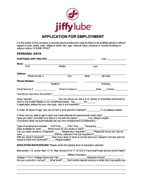 jiffy lube application  employment fill  sign printable