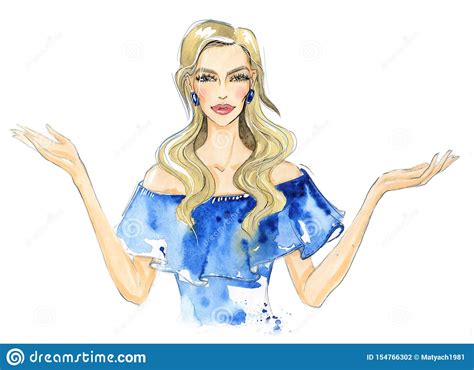 Woman In Blue Dress With Long Weavy Hair Stock Illustration