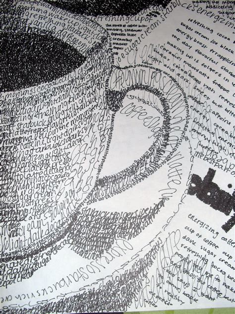 ink drawing  words teacup book letters black white