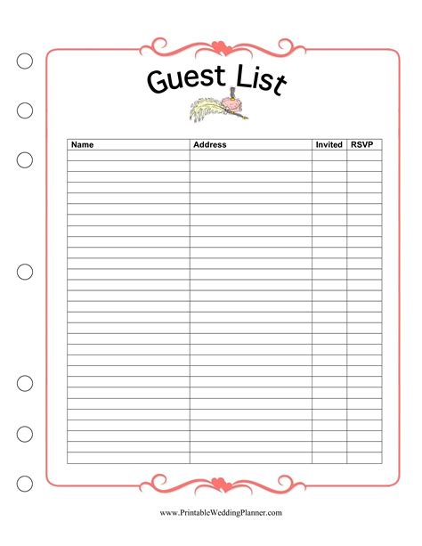 wedding guest list template printable printable templates