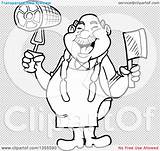 Butcher Clipart Jolly Ham Chubby Cleaver Sausage Knife Holding Neck Wearing Male Illustration Cartoon Around His sketch template