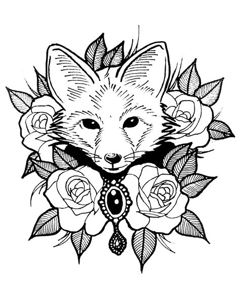 cute fox  roses foxes adult coloring pages