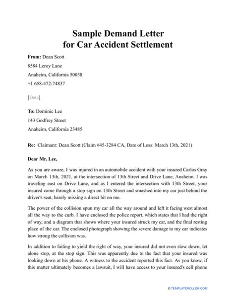 sample demand letter  car accident settlement fill  sign