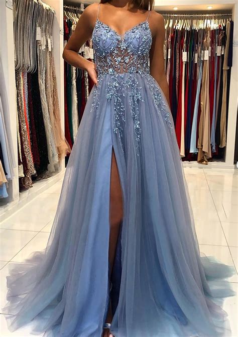 A Line V Neck Sweep Train Tulle Prom Dress With Beading Sequins Split