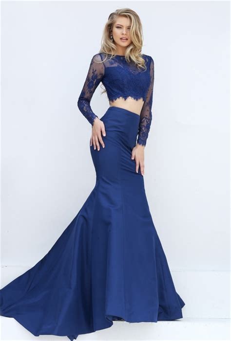 sexy mermaid two piece long sleeve navy blue lace satin