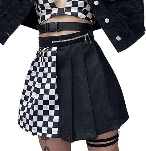 black checkerboard mini skirt punk woman high waist pleated plaid