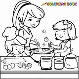 Cooking Mother Book Coloring Kitchen Children Helping Her Outline Preview sketch template