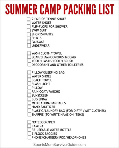 ready  summer camp camp packing list printable