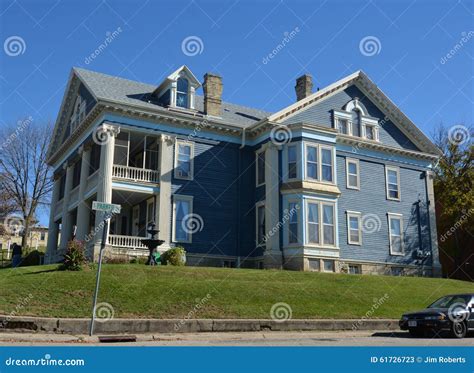 big blue house editorial stock photo image  wooden