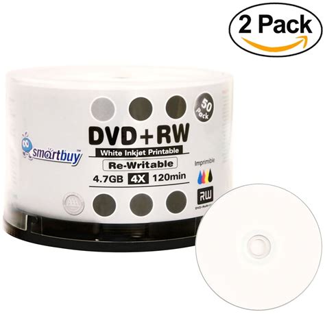 100 Pack Smartbuy Blank Dvd Rw 4x 4 7gb 120min White Inkjet Hub