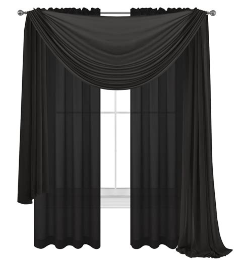 piece black sheer voile curtain panel set  black panels   scarf