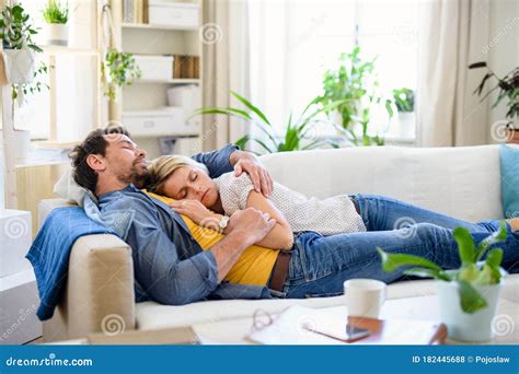 happy couple  love  sofa indoors  home sleeping stock photo image  hugging partners