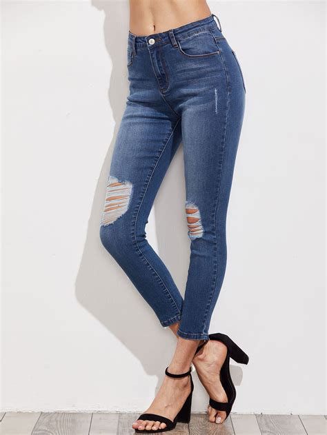 Shop Bleach Wash Ripped Skinny Jeans Online Shein Offers Bleach Wash