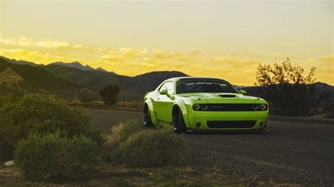 dodge challenger dodge green cars muscle cars sunset green