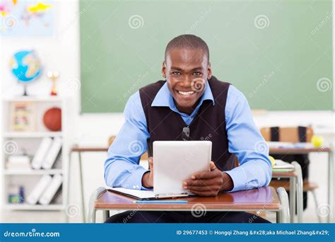 school teacher tablet stock image image  desk handsome