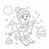 Coloring Cartoon Skis Outline Stock Pages Riding Boy Illustration Sports Winter Kids sketch template