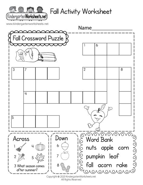 fall crossword puzzle worksheet  printable digital