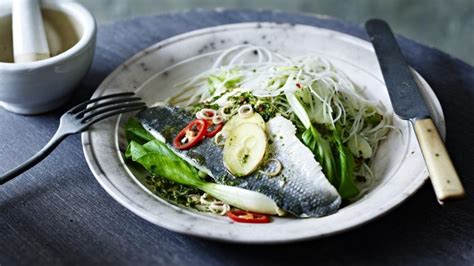 Steamed Sea Bass With A Rice Noodle Salad Recipe Bbc Food